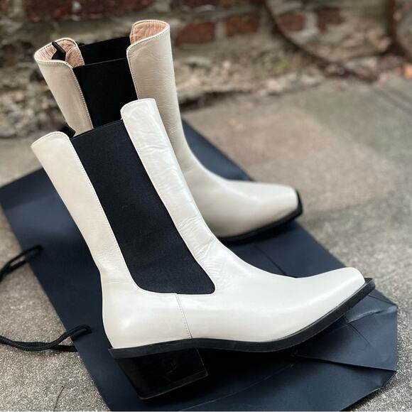 NEW Size 6.5 Stuart Weitzman Miley Western Leather Mid Calf Boot in Cream/ Black - Picture 7 of 10